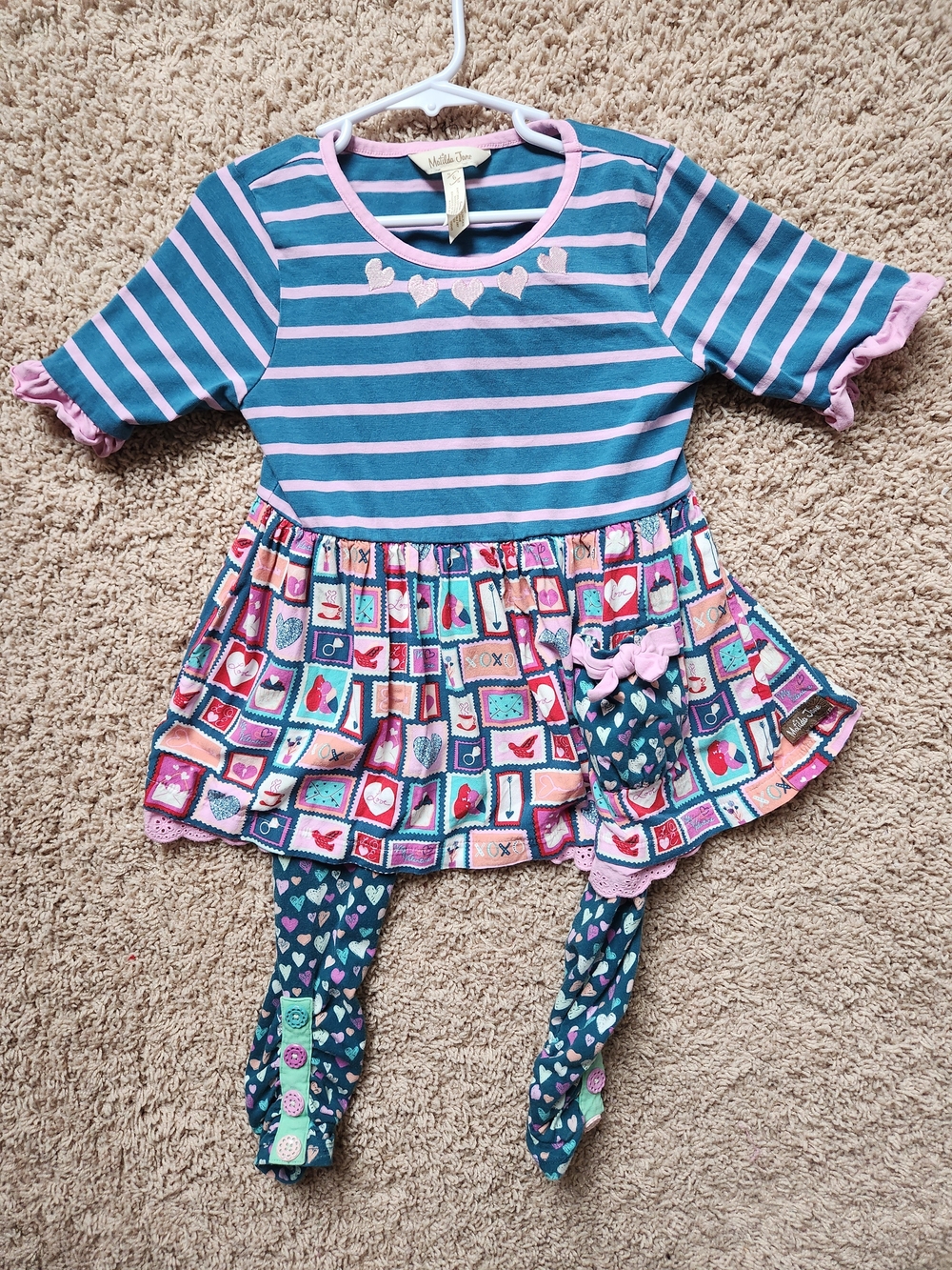 Matilda Jane Blue & Pink Heart Stripe Dress with Heart Leggings